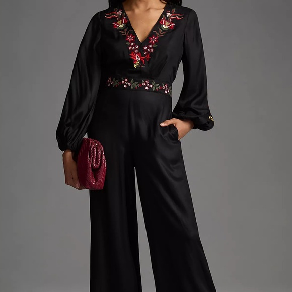NWT Farm Rio Embroidered Jumpsuit Pockets XS S Small Black Red